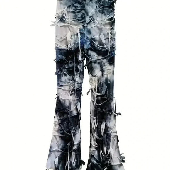 High Quality Pants - Tassel Mesh Tie Dye Flare Leg Pants (Color: Black/Multicolor)
